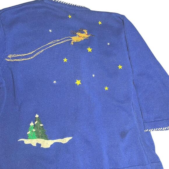 Vtg Quacker Factory Blue Christmas Cardigan Santa Sleigh Reindeer Houses XL - Picture 7 of 8